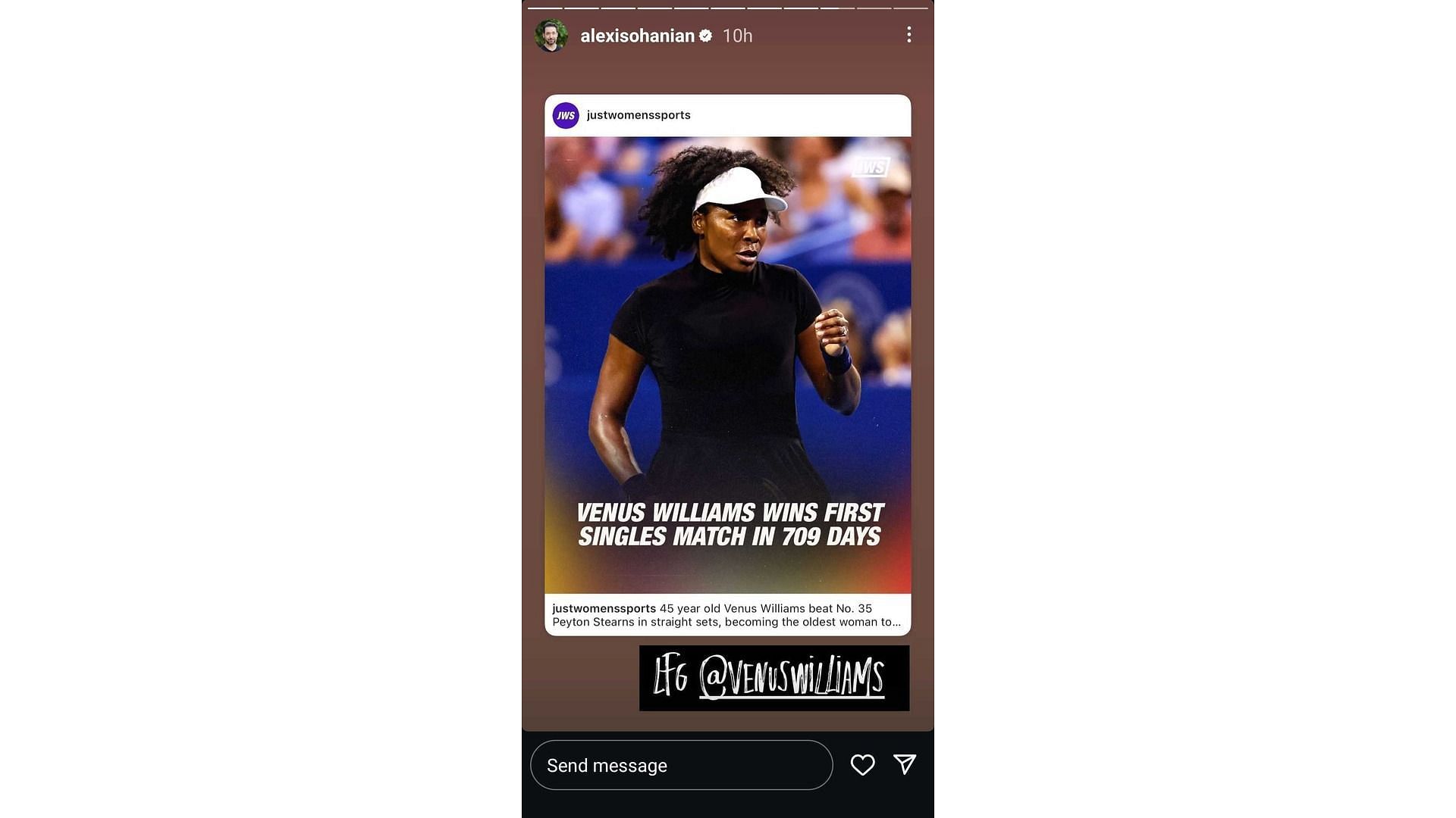 Screenshot of Ohanian's story feat Venus Williams (Image via: @alexisohanian)